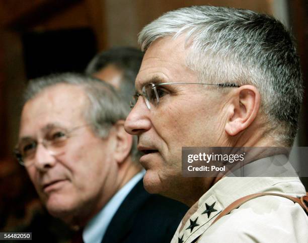 Secretary of Defense Donald Rumsfeld and Gen. George Casey, Commanding General, Multi-National Force Iraq, speak after their meeting December 22,...