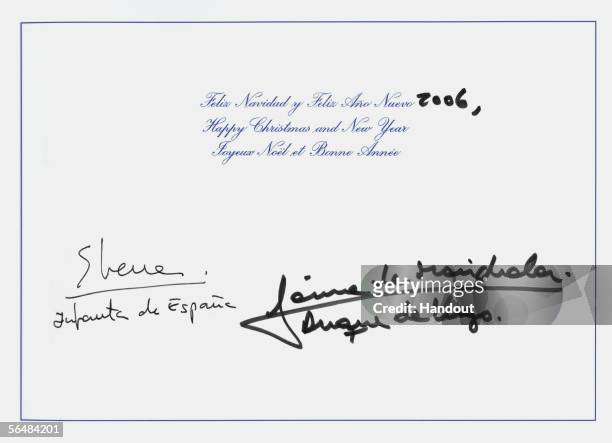 This handout image from the Spanish Royal House shows the inside of a Christmas greetings card sent by Spanish Princess Elena and her husband Jaime...