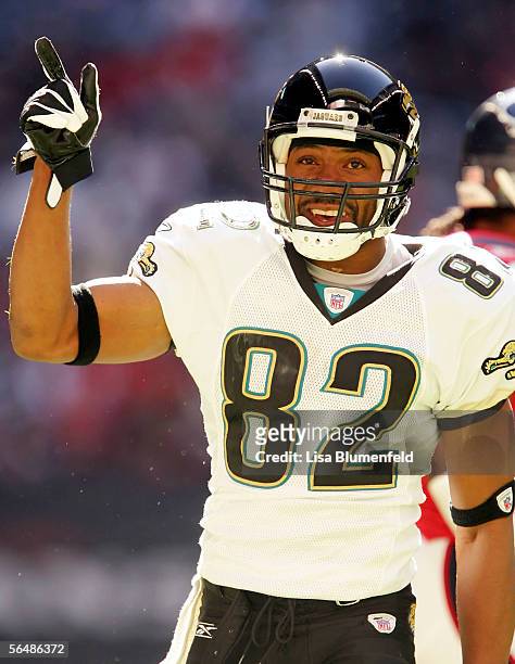 Jimmy Smith of the Jacksonville Jaguars celebrates during the game against the Houston Texans on December 24, 2005 at Reliant Stadium in Houston,...