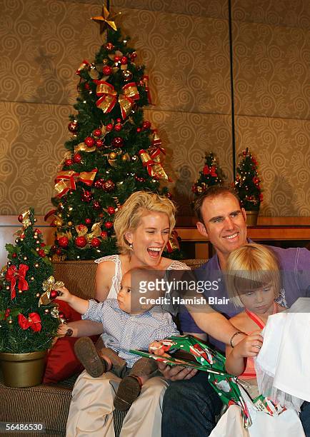 Matthew Hayden with daughter Grace, son Josh and wife Kellie is seen during the Australian Cricket Team's Christmas Lunch held at the Crown Casino on...