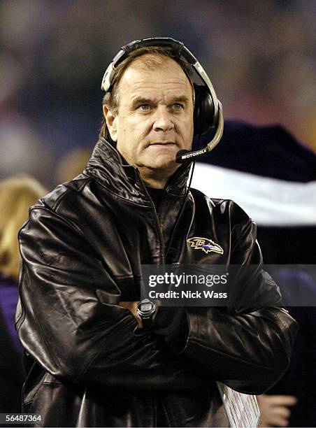 Brian Billick head coach of the Baltimore Ravens watches on the sideline before the game against the Minnesota Vikings on December 25, 2005 M&T Bank...