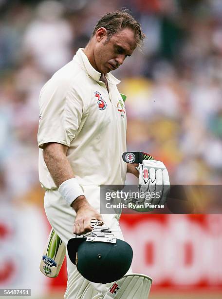 Matthew Hayden of Australia looks dejected after being dismissed during day one of the Second Test between Australia and South Africa played at the...