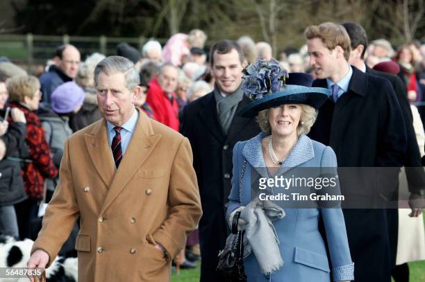 Prince Charles, Prince of Wales, his wife Camilla, Duchess of Cornwall, Peter Phillips and Prince William attend Christmas Day service at Sandringham...