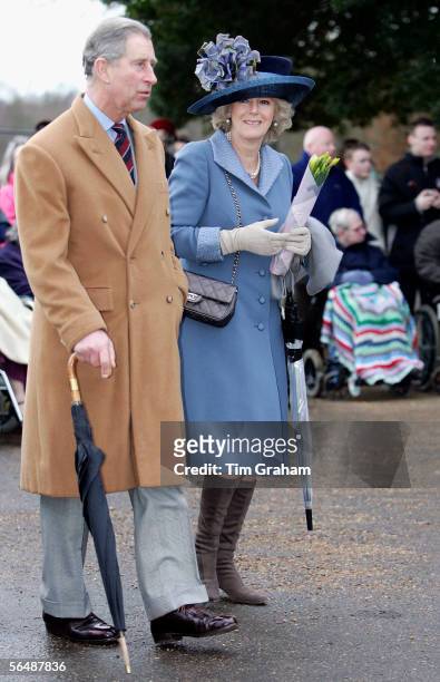 Prince Charles, Prince of Wales, and his wife Camilla, Duchess of Cornwall, attend Christmas Day service at Sandringham Church on December 25, 2005...