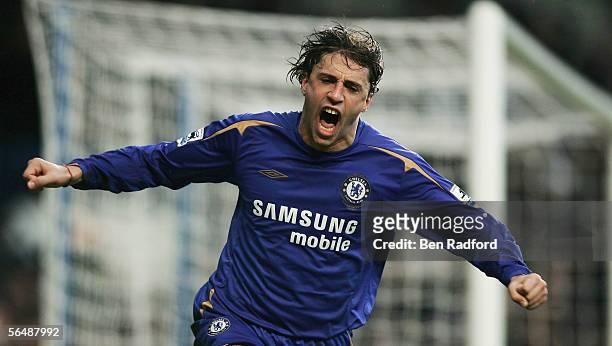Hernan Crespo of Chelsea celebrates scoring his teams third goal during the Barclays Premiership match between Chelsea and Fulham at Stamford Bridge...