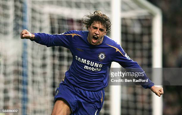 Hernan Crespo of Chelsea celebrates scoring his teams third goal during the Barclays Premiership match between Chelsea and Fulham at Stamford Bridge...