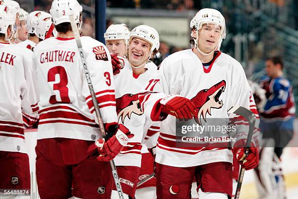 Shane Doan of the Phoenix Coyotes celebrates with his teammates after scoring his second goal against the Colorado Avalanche in the first period on...