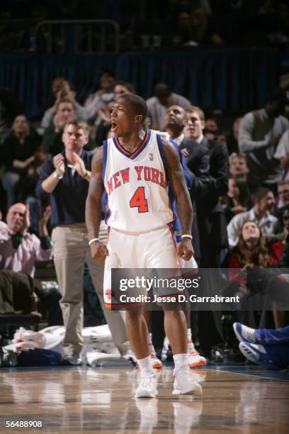 Nate Robinson of the New York Knicks cheers during the game against the New Jersey Nets on December 26, 2005 at Madison Square Garden in New York...