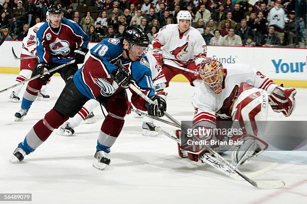 Alex Tanguay of the Colorado Avalanche can't get the puck past goalie Brian Boucher of the Phoenix Coyotes as he curls around the crease in the third...