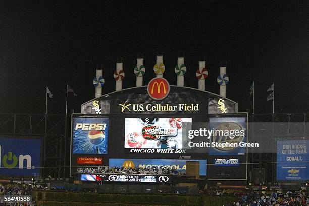 The Jumbotron at U.S. Cellular Field displays a logo before Game Two of the Major League Baseball World Series between the Chicago White Sox and the...