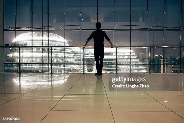 man looking out window over city - linghe zhao stock pictures, royalty-free photos & images