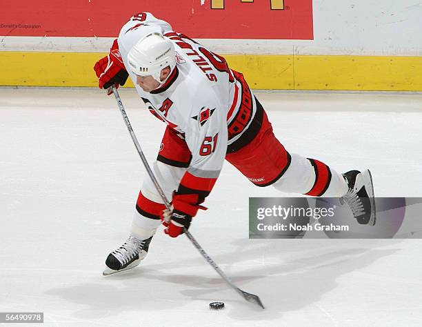 Cory Stillman of the Carolina Hurricanes shoots against the Los Angeles Kings during the game on December 8, 2005 at the Staples Center in Los...