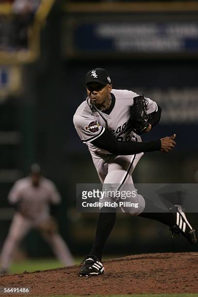 Orlando Hernandez of the Chicago White Sox pitches during the ninth inning of Game Three of the Major League Baseball World Series against the...