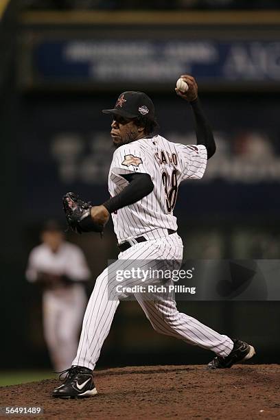 Ezequiel Astacio of the Houston Astros pitches during the 14th inning of Game Three of the Major League Baseball World Series against the Chicago...