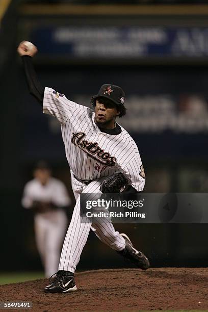 Ezequiel Astacio of the Houston Astros pitches during the 14th inning of Game Three of the Major League Baseball World Series against the Chicago...