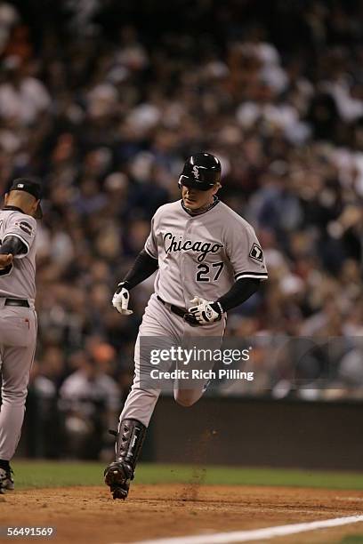 Geoff Blum of the Chicago White Sox rounds the bases after hitting a solo home run in the 14th inning of Game Three of the Major League Baseball...