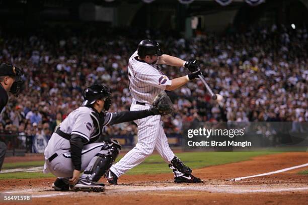 Jeff Bagwell of the Houston Astros bats as A.J. Pierzynski of the Chicago White Six catches during Game Four of the Major League Baseball World...