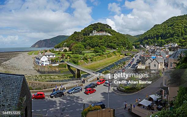 panorama of lynmouth under blue sky - lynmouth stock pictures, royalty-free photos & images