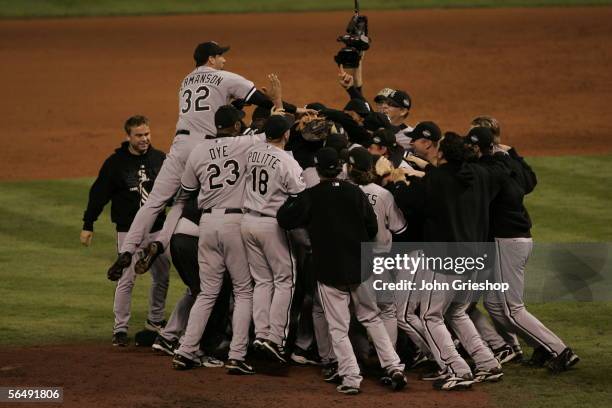 The Chicago White Sox celebrate winning the World Series after Game Four against the Houston Astros at Minute Maid Park on October 26, 2005 in...