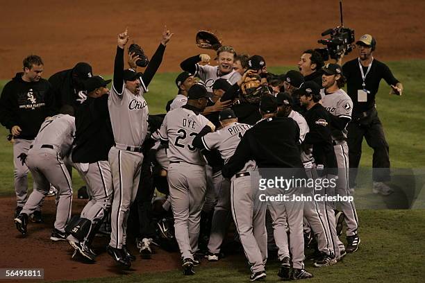 The Chicago White Sox celebrate winning the World Series after Game Four against the Houston Astros at Minute Maid Park on October 26, 2005 in...