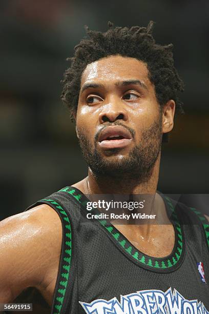 Michael Olowokandi of the Minnesota Timberwolves looks on against the Sacramento Kings during the game at Arco Arena on December 4, 2005 in...