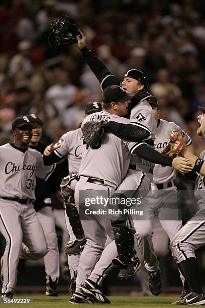 Pierzynski and Bobby Jenks of the Chicago White Sox celebrate winning the World Series in four games against the Houston Astros at Minute Maid Park...