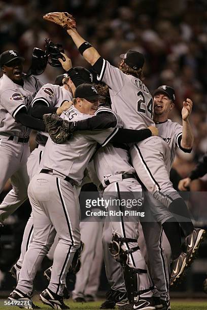 The Chicago White Sox celebrate winning the World Series in four games against the Houston Astros at Minute Maid Park on October 26, 2005 in Houston,...