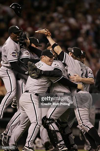 The Chicago White Sox celebrate winning the World Series in four games against the Houston Astros at Minute Maid Park on October 26, 2005 in Houston,...