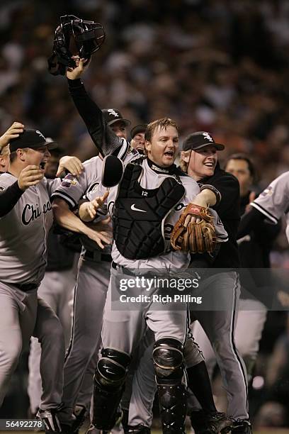 The Chicago White Sox celebrate winning the World Series in four games against the Houston Astros at Minute Maid Park on October 26, 2005 in Houston,...