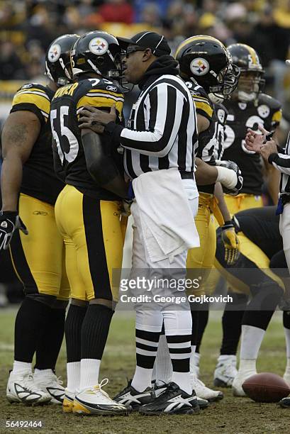 Umpire Chad Brown talks to linebacker Joey Porter of the Pittsburgh Steelers during a game against the Chicago Bears at Heinz Field on December 11,...