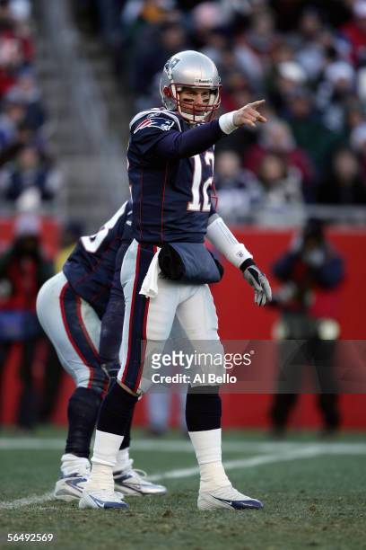 Tom Brady of the New England Patriots calls a play during the NFL game with the Tampa Bay Buccaneers on December 17, 2005 at Gillette Stadium in...