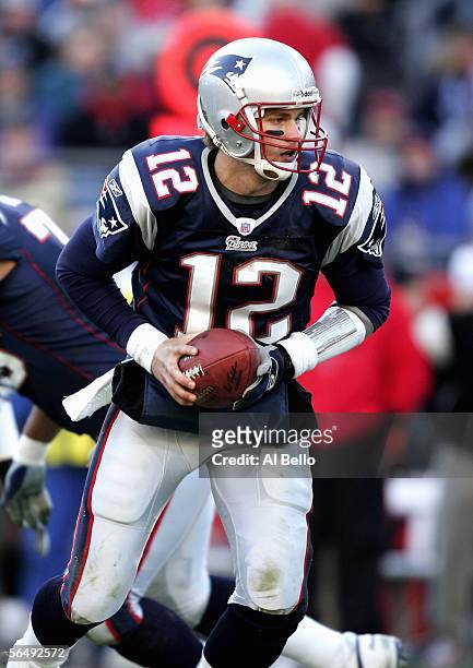 Tom Brady of the New England Patriots moves in play action during the NFL game with the Tampa Bay Buccaneers on December 17, 2005 at Gillette Stadium...
