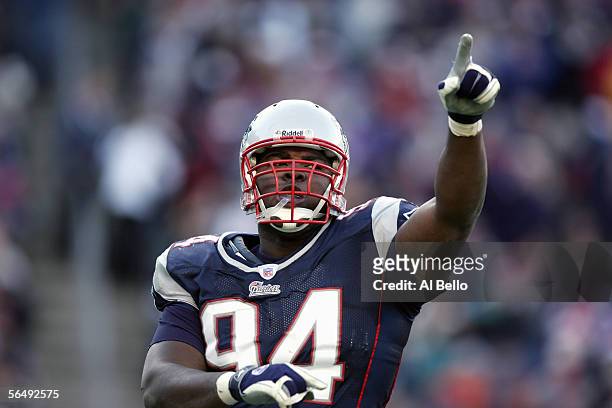 Ty Warren of the New England Patriots celebrates during the NFL game with the Tampa Bay Buccaneers on December 17, 2005 at Gillette Stadium in...