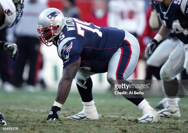 Vince Wilfork of the New England Patriots lines up during the NFL game with the Tampa Bay Buccaneers on December 17, 2005 at Gillette Stadium in...