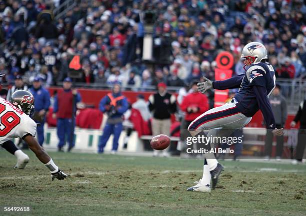 Josh Miller of the New England Patriots punts during the NFL game with the Tampa Bay Buccaneers on December 17, 2005 at Gillette Stadium in Foxboro,...