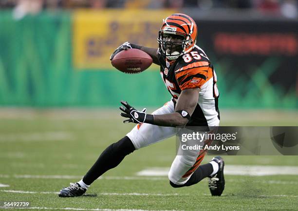 Chad Johnson of the Cincinnati Bengals carries the ball during the NFL game with the Buffalo Bills at Paul Brown Stadium on December 24, 2005 in...