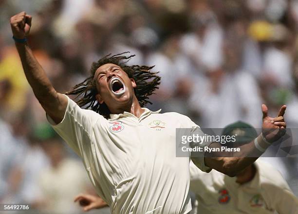 Andrew Symonds of Australia celebrates taking the wicket of Mark Boucher LBW for 23 during day three of the Second Test between Australia and South...