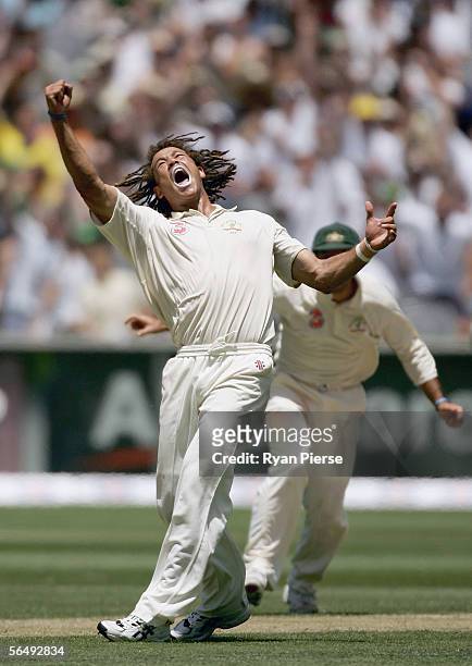 Andrew Symonds of Australia celebrates taking the wicket of Mark Boucher LBW for 23 during day three of the Second Test between Australia and South...