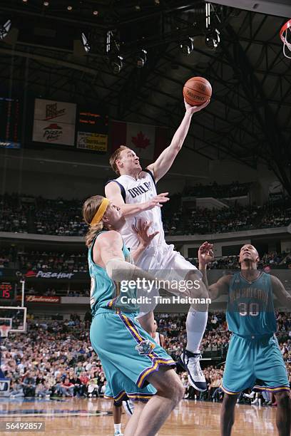 Keith Van Horn of the Dallas Mavericks shoots against Chris Andersen of the New Orleans/Oklahoma City Hornets during the game at American Airlines...