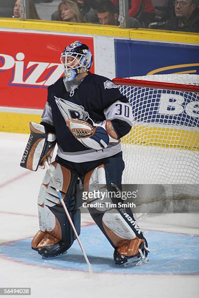 Jussi Markkanen of the Edmonton Oilers looks on from the crease during their NHL game against the Calgary Flames at Rexall Place on December 19, 2005...