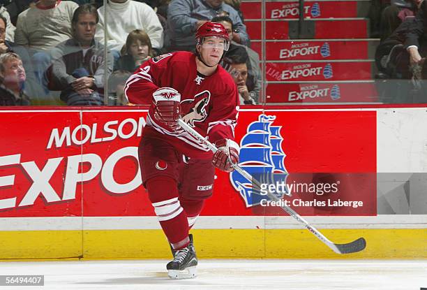 Keith Ballard of the Phoenix Coyotes passes the puck during the NHL game against the Montreal Canadiens at the Bell Centre on December 13 , 2005 in...