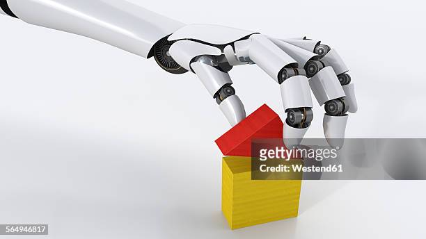 robot building up house with building blocks, 3d rendering - building blocks stock illustrations