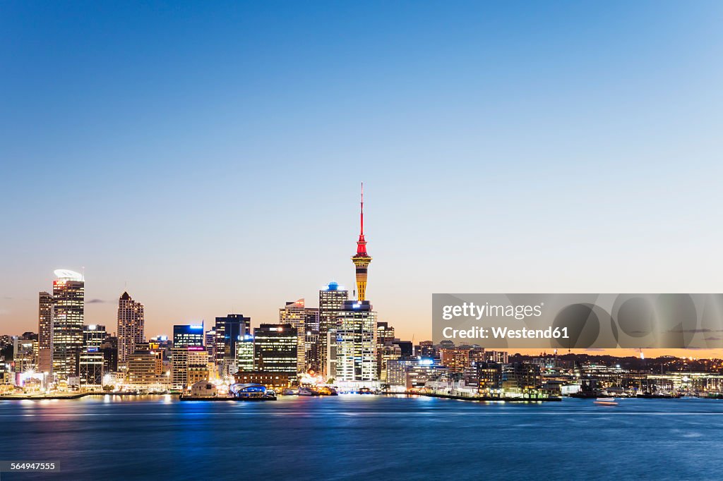 New Zealand, Auckland, Skyline with Sky Tower, blue hour