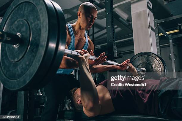 two friends exercising bench press in gym - bench press stock pictures, royalty-free photos & images