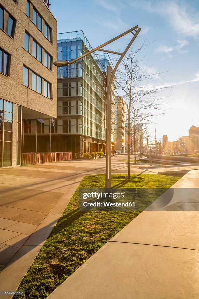 Germany, Hamburg, buildings in the Hafencity at sunset