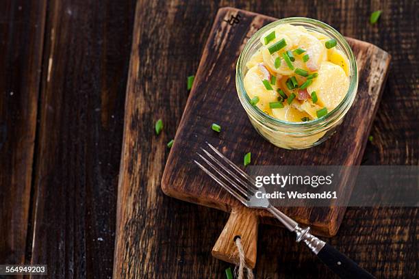 glass of swabian potato salad on wooden board - swabia stock pictures, royalty-free photos & images