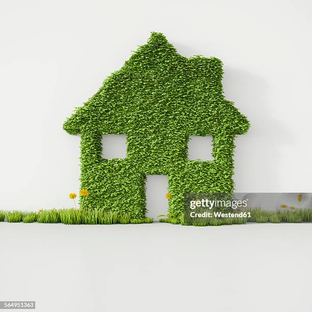 stockillustraties, clipart, cartoons en iconen met 3d rendering, house from grass on wall, copy space - energie sparen