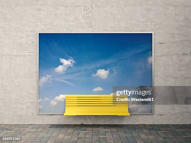 yellow bench in front of billboard with sky and clouds - sitzbank stock-grafiken, -clipart, -cartoons und -symbole