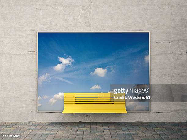 yellow bench in front of billboard with sky and clouds - 夢見る点のイラスト素材／クリップアート素材／マンガ素材／アイコン素材