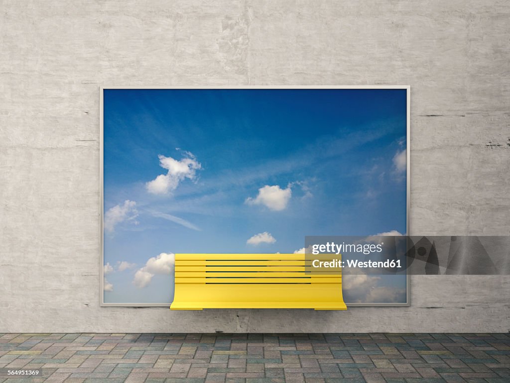 Yellow bench in front of billboard with sky and clouds